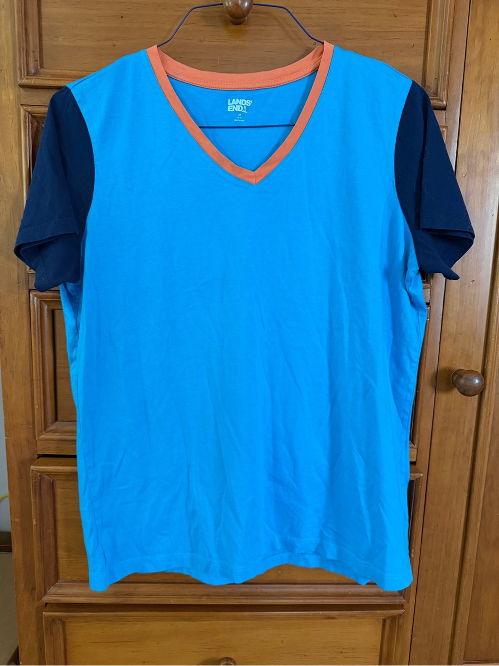 Lands' End V-Neck Tee in Aqua with Orange Trim